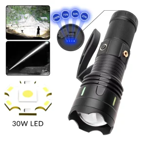 1500m Ultra Long Range Large Capacity 8000mAh Aluminum Alloy 1800 Lumens Super Bright IP54 4 Modes Camping Flashlight 30W Zoom