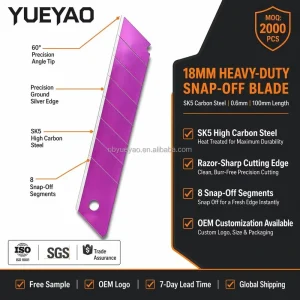 18mm Purple Utility Knife Blade 0.6mm Thickness Carbon Steel Quick Change Industrial DIY Grade Rubber Handle Carton Box