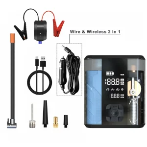 2 in 1 Fast Wired Wireless Multi Functional Jump Starter for 8.0L Petroleum and 6.0L Diesel Cars Inflator Included