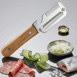 2 in 1 Stainless Steel Vegetable Peeler Multifunctional Manual Wooden Peeler with Bottle Opener