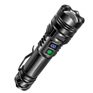 200m Range LED Rechargeable Flashlight with Digital Display USB Charging SOS Mode IPX4 Rated High Power Torch for Power Outages