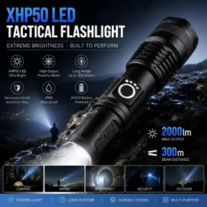 20W High Lumen XHP50 LED Flashlight Rechargeable Aluminum Alloy Zoom Torch for Camping Hunting Emergency