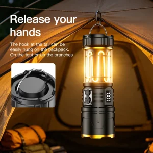 3000LM Rechargeable LED Flashlight Zoom Torch Filament Side Light Waterproof Camping Work Flashlights with Hanging Hook Type C