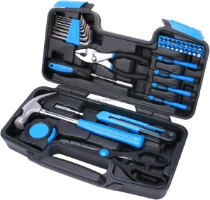 39 Pieces Hand Tool Set Blue Color General Household Hand Kit with Hammer Scissors in Plastic Toolbox Storage Case