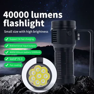 40000 Lumens High Power LED Flashlight 46950 Battery Fan Cooling Long Range Searchlight Rechargeable Outdoor Torch