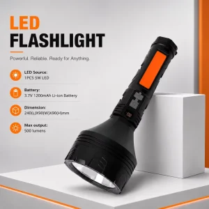 500LM Rechargeable LED Flashlight 5W 1200mAh Li ion Battery Digital Power Display Side COB Light Outdoor Camping Emergency Torch