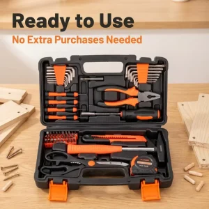 56 Piece Complete Hardware Tool Box Set in Portable Orange Case for Emergency Repairs