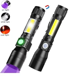 7 Modes Linterna LED Flashlight Rechargeable Metal COB EDC UV Light Pocket Torch Light Zoom Magnetic