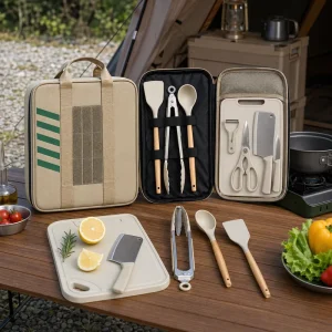9 in 1 Camping Kitchen Utensil Set Cooking Tool Kit Cleaver Spatula Tongs Peeler Cutting Board Oxford Carrying Case Portable