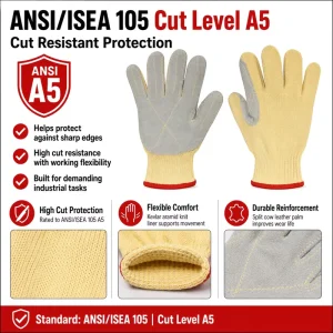 ANSI A5 Kevlar Aramid Cut Resistant Work Gloves with Split Cow Leather Palm Reinforced Thumb for Metal Glass Construction