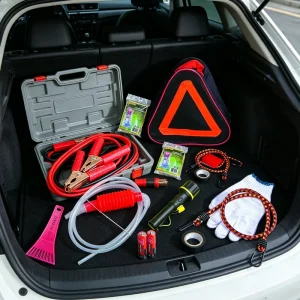 All in One Roadside Assistance Tool Set with Jumper Cables and Snow Shovel for Vehicle Emergencies and Winter Preparedness