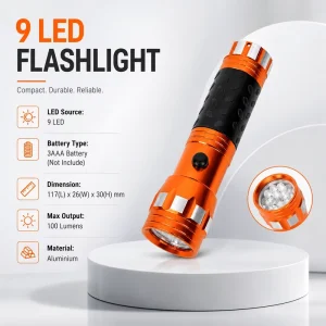 Aluminum 9 LED Outdoor Emergency Light 100 Lumens Mini Hand Torch Powered by 3AAA Batteries Compact Portable Flash Light