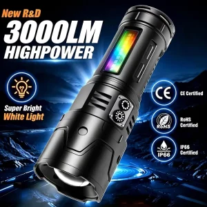 Aluminum Alloy ROHS Certified LED Flashlight 3000LM Laser Torch RGB Breathing Long Range Waterproof Camping