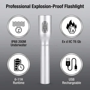 Anti Explosion Flashlight ATEX Standard Class 1 LED Rechargeable High Lumens Safety Torch for Oil Gas Refinery Industry