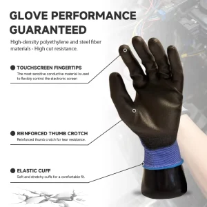 Anti Slip Abrasion Resistant Touch Screen Working Gloves PU1307 Blue Polyester Black PU Palm Dipped Industrial Safety Gloves
