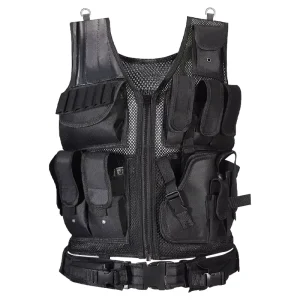 Black Synthetic Fiber Blends Tactical Vest with Detachable Design Breathable Net Windproof Velcro Closure for Shooting Sports