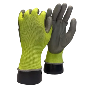 Breathable Shell Grey PU Work Gloves Fluorescent Green Liner Multicolor Elastic Cuff for Cleanroom Use Source Factory