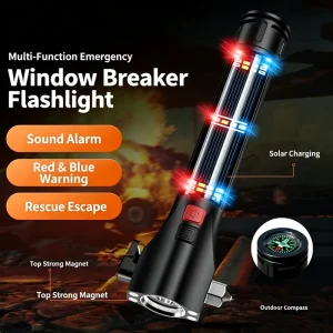 Car Escape Safety Hammer Flashlight Solar Charging Break Window Emergency Torch with Sound Alarm for Fire Rescue