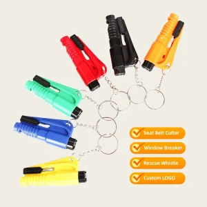 Compact 3 in 1 Multi Function Car Safety Hammer Keychain Window Breaker Seat Belt Cutter Emergency Escape Rescue Whistle