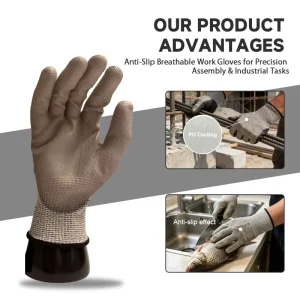 Custom Spec D Level Cut Resistant Gloves PU Coated Grey High Dexterity Anti Slip Safety Gloves for Warehouse Logistics