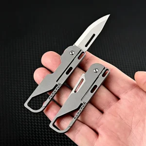 D2 Steel Sharp Blade Titanium Alloy Keychain Folding Pocket Knife Retro Carved Pattern Mini EDC Cutter for Parcel Unpacking