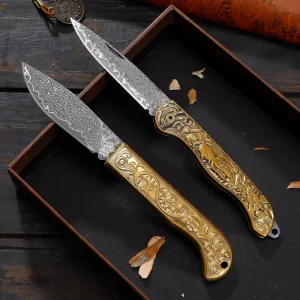 DIY OEM Damascus Blade Brass Handle Durable Camping Outdoor Bushcraft Pocket Folding Knife