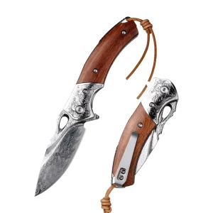 Damascus Steel Folding Pocket Knife Desert Ironwood Handle Sharp EDC Utility Knife for Outdoor Camping Hiking Daily Use