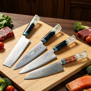 Damascus Steel Left-handed Chef Butcher Knife Intangible Lacquer Handle Sustainable Kitchen Knife Finnish Resin for Home Use