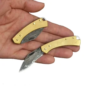 Damascus blade folding knife, brass handle, customized OEM pocket knife, mini knife, outdoor tool