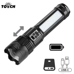 Digital Power Display Tactical Flashlight USB Rechargeable Red Blue Signal Light Aluminum LED Searchlight for Outdoor Emergency