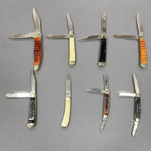 Dual Blade Folding Knife Mirror Polished Blade Utility Knife Cattle Bone Stag Handle Brass Holster Custom Engraved Trapper Knife