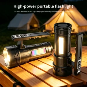 Factory Aluminum Handheld LED Searchlight Super Bright Dual Lights Red Blue Warning Flashlight Power Bank Rechargeable Torch