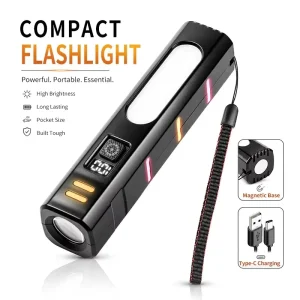 Fluorescent LED Flashlight XHP50 High Power Torch with Red Blue Warning Lights Type C Charging Outdoor Waterproof Emergency Lamp