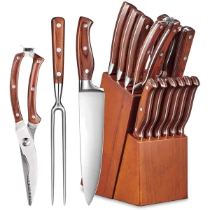 German Steel Forged Chef Knife Set Kitchen Utility Knives With Wooden Block Handle