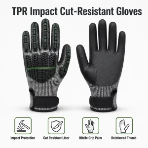 Green Nitrile Anti Impact Adjustable Wristlet Gloves with Micro Foam Grip Cut Resistant Anti Vibration Safety Gloves for Work