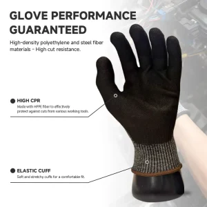 HPPE Anti-Cut Protective Gloves with Black Sandy Nitrile Finish for Construction and Metal Handling