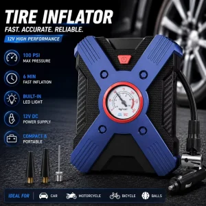 Heavy Duty 12V Tire Inflator with Analog Pressure Gauge Emergency Light Portable CE Certified Plastic Cylinder
