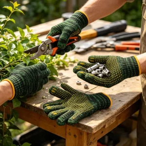 Heavy Duty High Grip Yellow PVC Dotted Cotton Fiber Work Safety Gloves Green Black Knitted Shell For Construction Labor