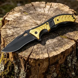 Heavy Duty Tactical Knife 21.5cm Large Folding Knife 3Cr13 Stainless Steel Blade EDC Hunting Self Defense Knife Gold Handle