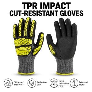 Hi-Vis Yellow Nitrile Impact Safety Gloves with Anti-Vibration, Wear-Resistant, Cut- and Puncture-Resistant Protection for Industrial Use