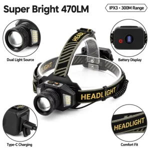 High Lumen LED Headlamp Waterproof Hiking Flashlight for Outdoor Camping Torch Sensor 300m Battery Life