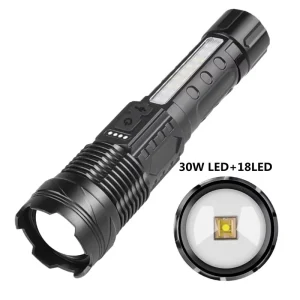 High Power 30W LED+18LED Flashlight Built in Type C Charging Power Display With Clip Long Range Torch for Camping