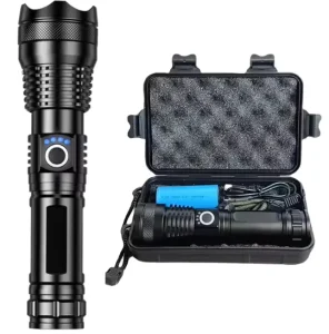 High Power Zoomable LED Flashlight Super Bright Light Torch with USB Rechargeable Feature Aluminum Body Waterproof for Camping