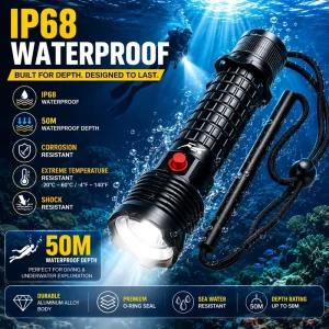 IP68 2000lm White LED Rechargeable Lithium Ion Diving Torch Aluminum Alloy Large Capacity Dive Flashlight for Underwater Outdoor
