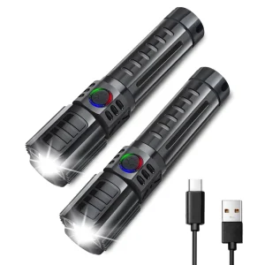 LED Torch Rechargeable Super Bright Adjustable Focus Flashlight 3 Lighting Modes Camping and Walking 2 Pack