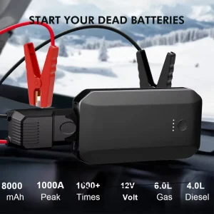 Lithium Battery Portable Jump Starter 1000A Peak 8000mAh ABS for 4L Gas 2L Diesel Car Type C Emergency Booster