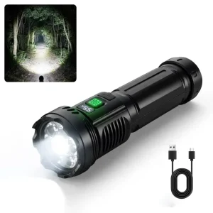 Long Range Torch Light with LCD Display Rechargeable IPX4 Waterproof LED Flashlight for Camping Hiking Home Emergency