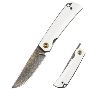 Luxury Copper Damascus Steel Folding Knife Polished Cow Bone Handle Custom Outdoor Camping Pocket Knife Gentleman EDC Tool