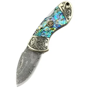 Luxury Damascus Steel Folding Knife Natural Abalone Shell Handle Engraved Bolster Portable Survival Pocket Knife EDC Tool Gift