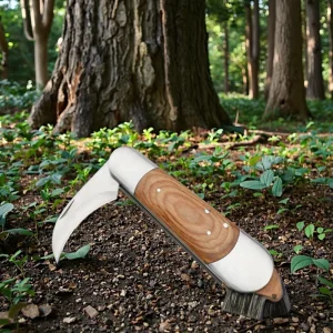 Luxury Design Pakka Wood Handle Stainless Steel Mushroom Cutting Tool Folding Pocket Knife Set with Brush Multi Function Durable